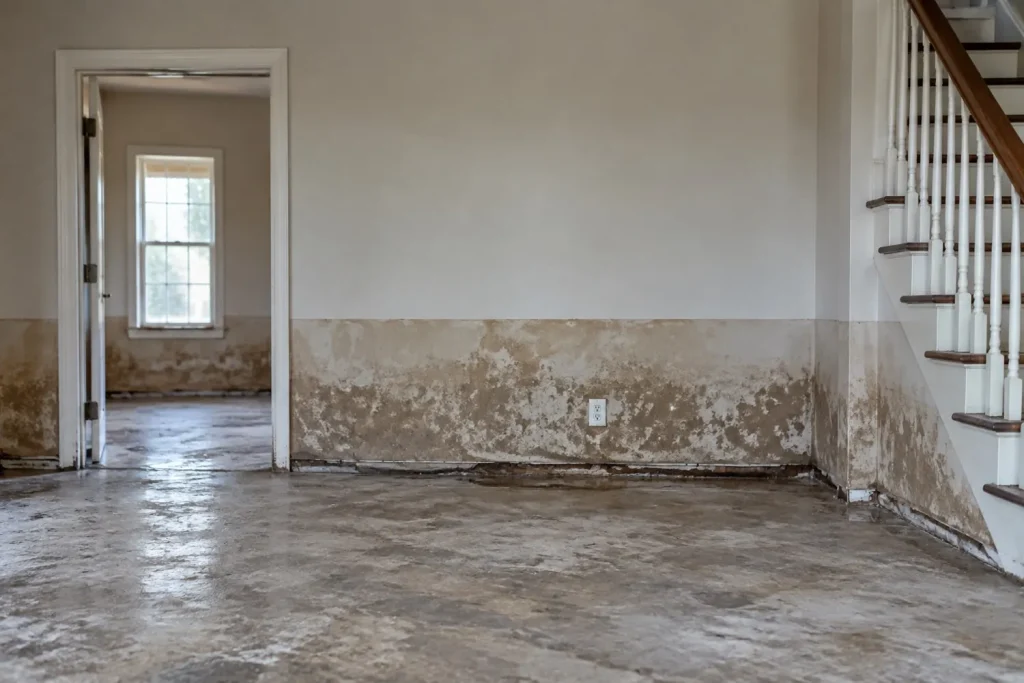 Illustration: a residential wall showing a clear floodwater tide line at roughly two feet, with staining below and clean surface above.