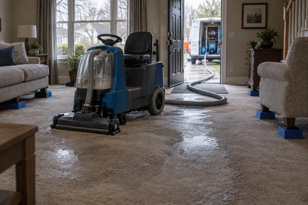Illustration: a ride-on extraction tool on wet carpet with a vacuum hose running to a truck outside