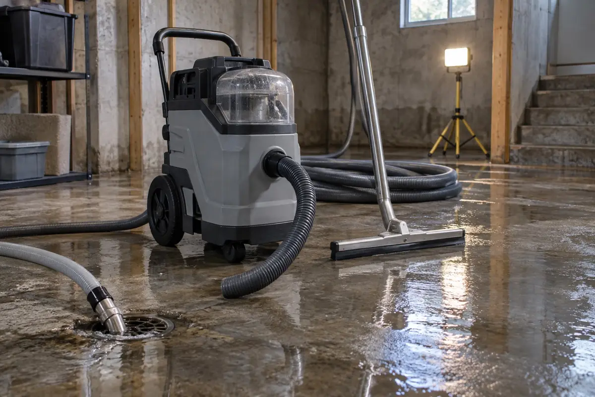 Illustration: a portable flood extractor and squeegee on a wet concrete basement floor
