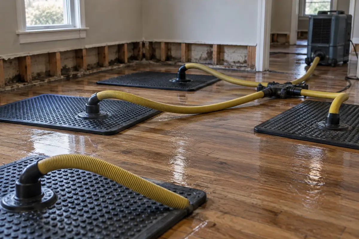 Illustration: hardwood floor drying panels connected by hoses on an oak strip floor