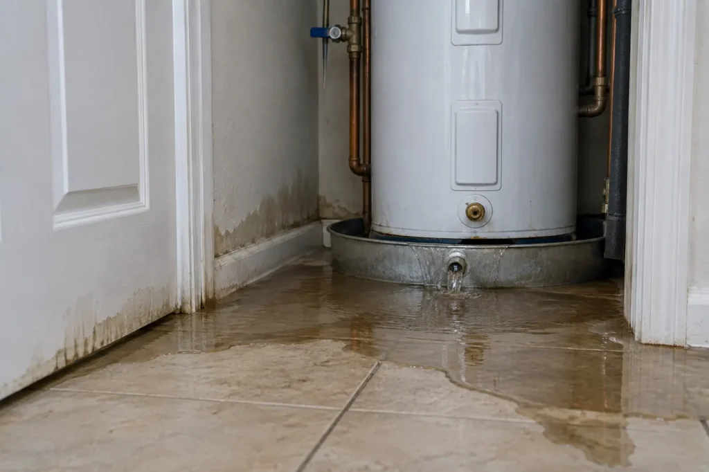 Illustration: a tank water heater in an overflowing drain pan, with water spreading under the closet door