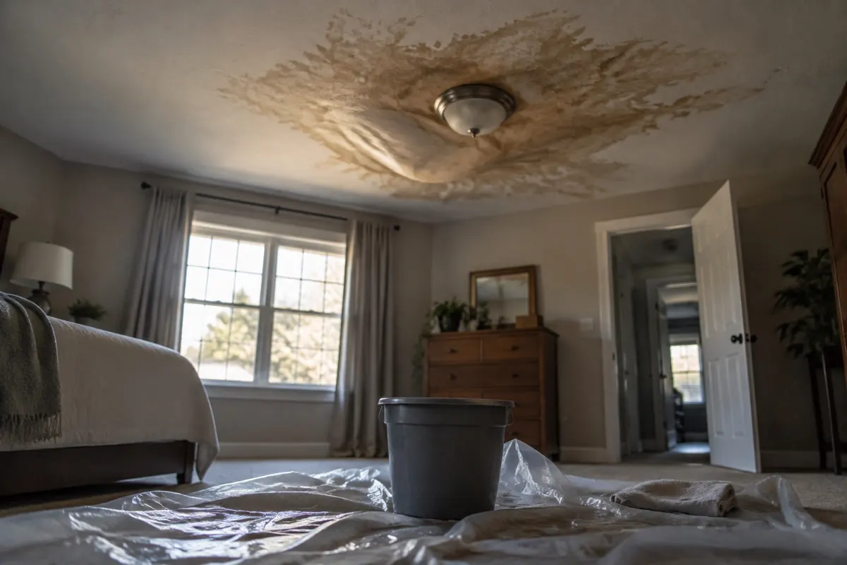 Illustration: a sagging, stained bedroom ceiling below an attic water heater, with a bucket on the floor