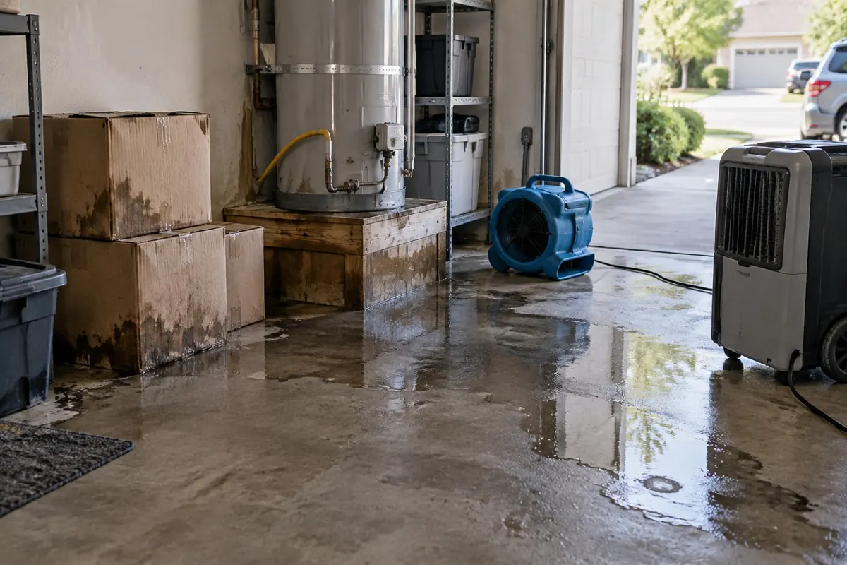 Illustration: water spreading across a garage slab from a raised water heater, with drying equipment set up