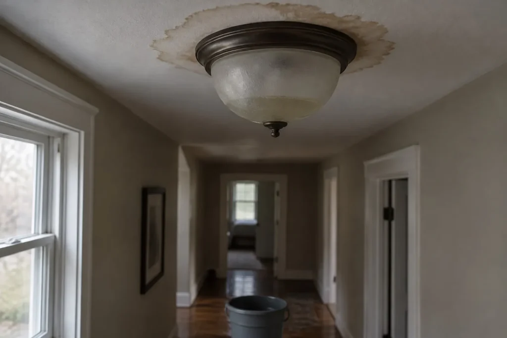 Illustration: water collected inside the glass bowl of a ceiling light, with a stain ring on the drywall and a bucket below