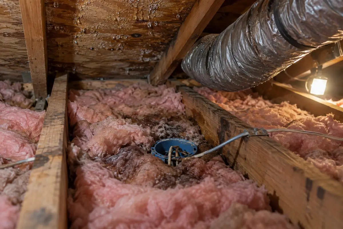 Illustration: wet insulation around a ceiling electrical box in an attic, with a sagging exhaust duct and condensation on the sheathing