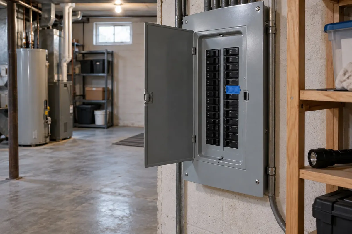 Illustration: a breaker switched off and taped in a residential electrical panel, the safe first step for water in a light fixture