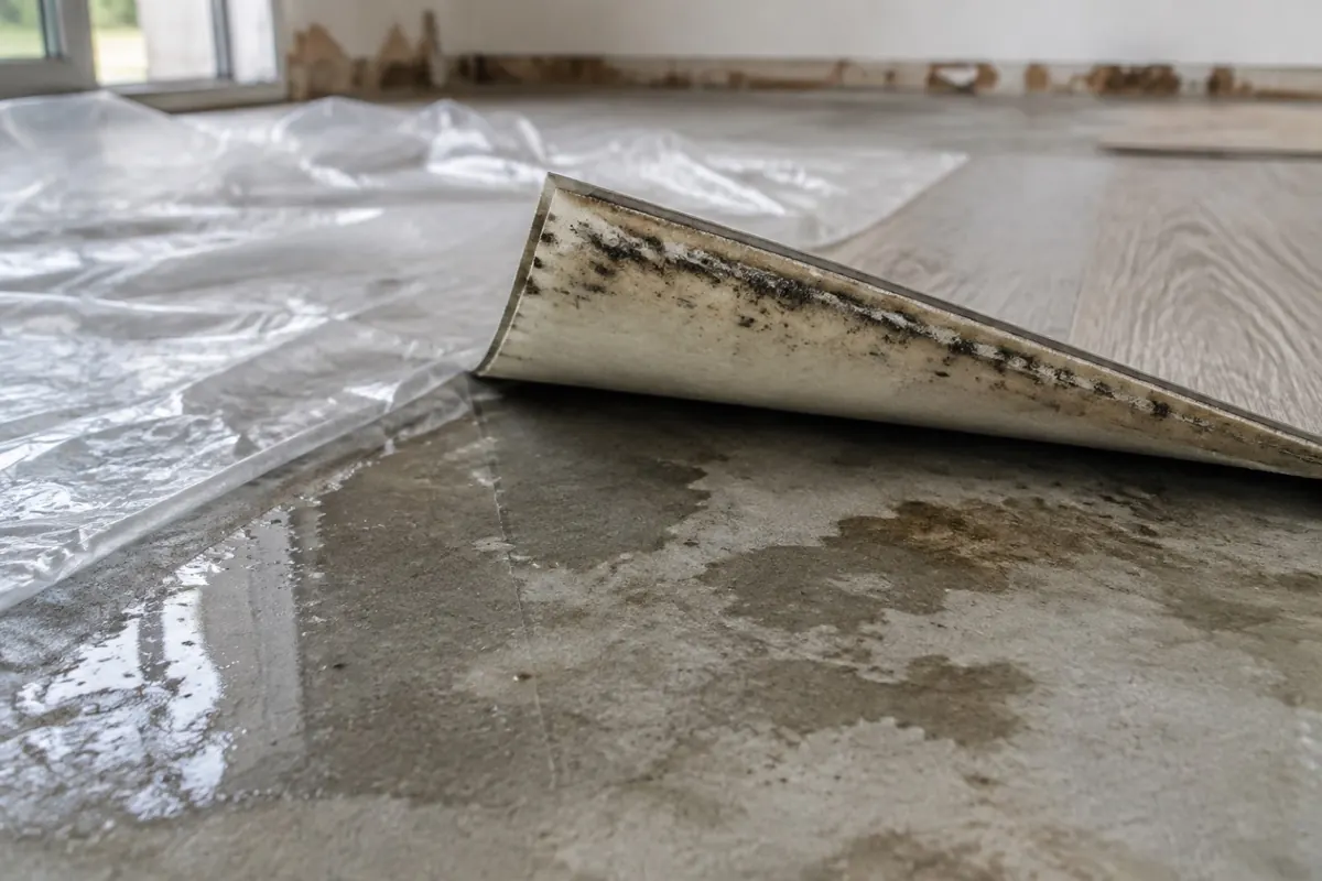 Illustration: the underside of a vinyl plank with a stained attached pad on a damp slab, standing in for moisture trapped under LVP