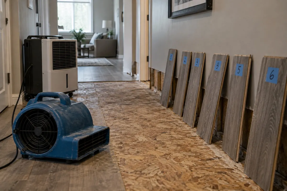 Illustration: numbered vinyl planks leaning on a wall beside drying equipment on an OSB subfloor, standing in for the lift and dry method