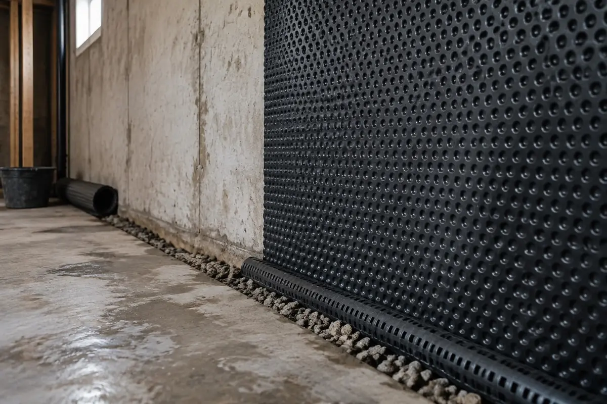 Illustration: a dimpled waterproofing membrane part-installed against a basement wall with a drainage channel.