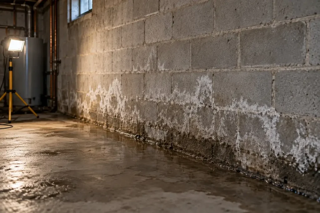 Illustration: a bare basement block wall with efflorescence staining and a damp line at the floor joint.