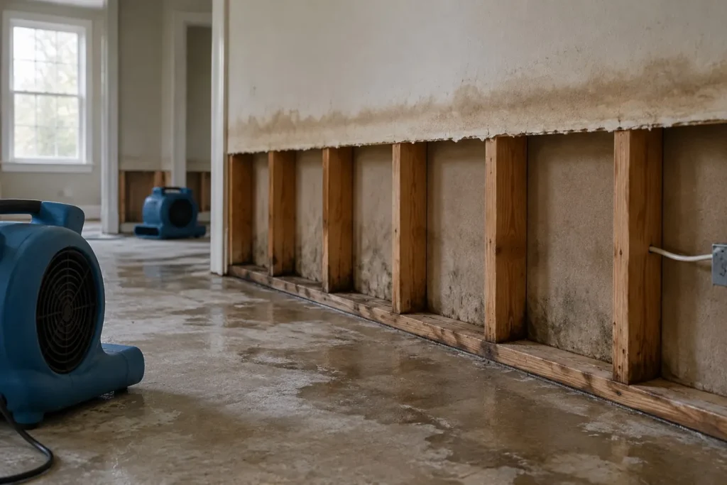 Illustration: an interior wall with drywall cut in a clean horizontal flood cut, exposing studs and a tide line above.