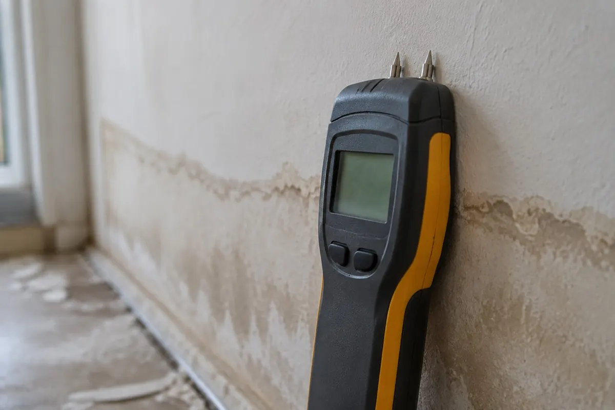 Illustration: a pin moisture meter pressed into drywall just above a tide line.