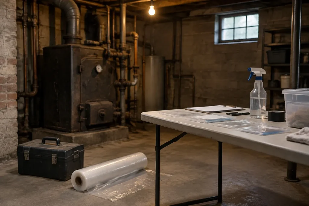 Illustration: a mid-century basement utility room with sampling supplies laid out on a table, not a reference image of any material