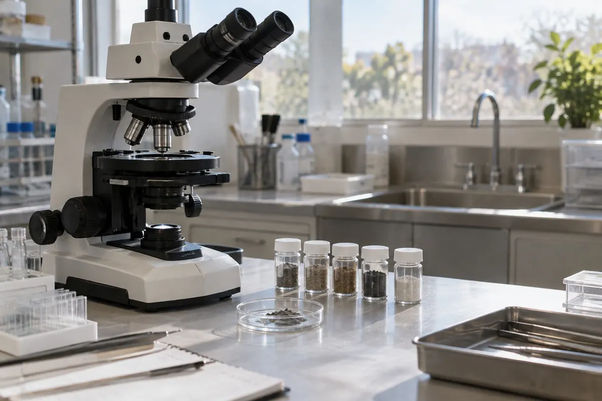 Illustration: a laboratory bench with a polarized light microscope and sealed sample vials