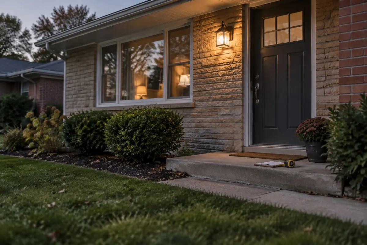 Illustration: a 1960s house exterior at dusk with a clipboard on the porch step, standing in for a pre-renovation survey