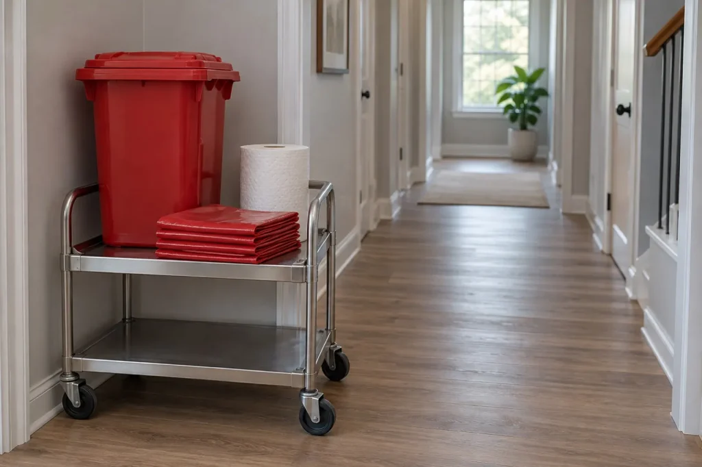 Illustration: a red waste container and liner bags on a cart in an empty residential hallway