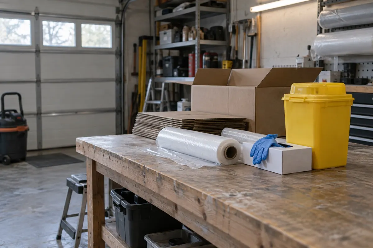 Illustration: flat-packed waste boxes, gloves and a puncture-resistant container on a garage workbench