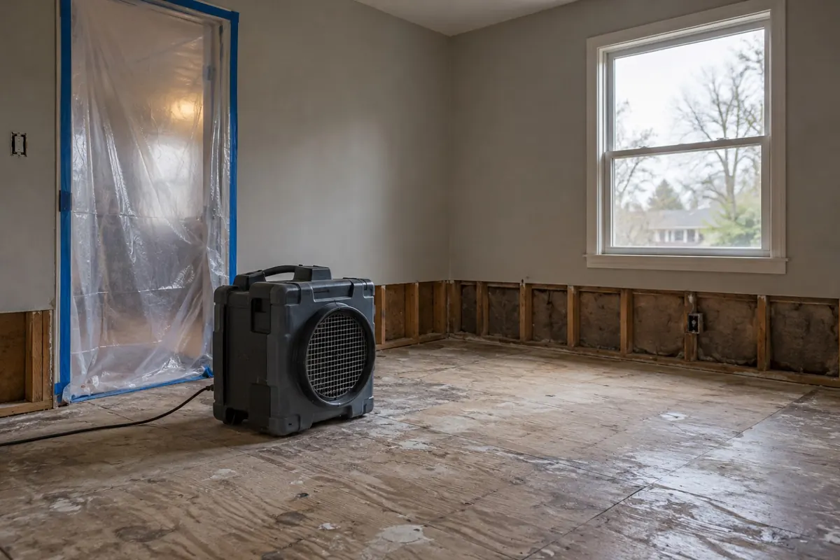 Illustration: an emptied bedroom with bare subfloor, an air scrubber and plastic containment at the door