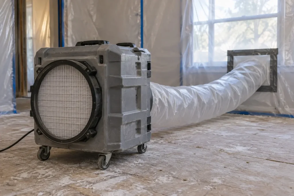 Illustration: a portable HEPA air scrubber inside a plastic-sheeted containment with its exhaust duct routed to a window