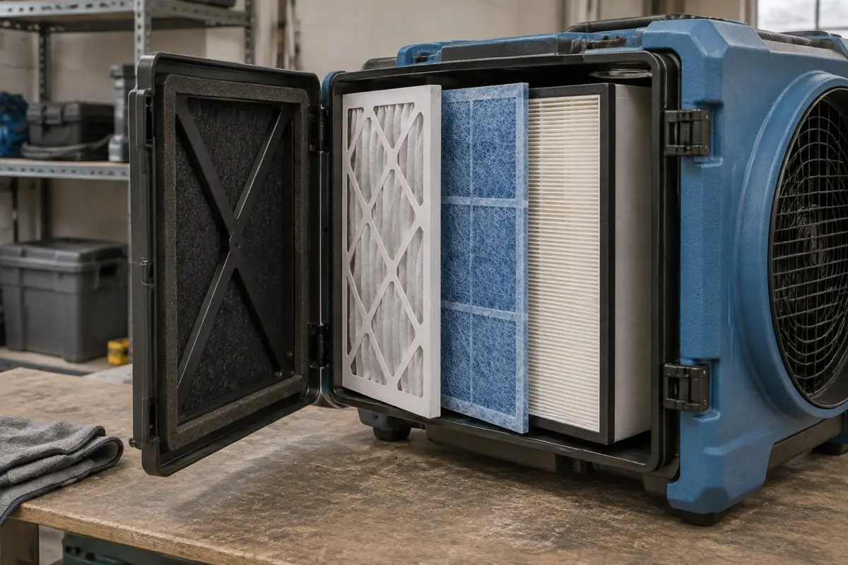 Illustration: the filter stages of a commercial air scrubber, from pre-filters to the HEPA cartridge