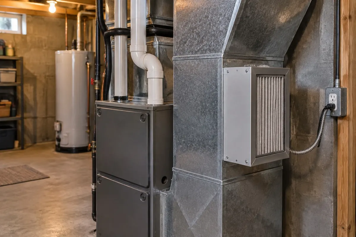 Illustration: an in-duct HVAC air cleaner module mounted on a furnace supply plenum