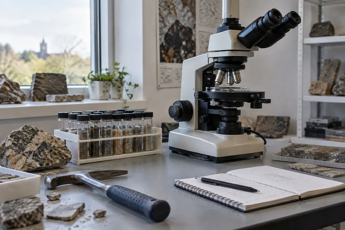 Illustration: a geology laboratory bench with a polarized light microscope and sealed sample vials