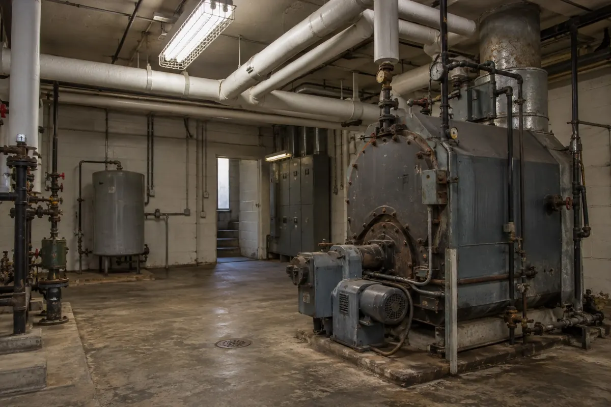 Illustration: a 1960s mechanical room with jacketed pipe runs, not a reference image of any material