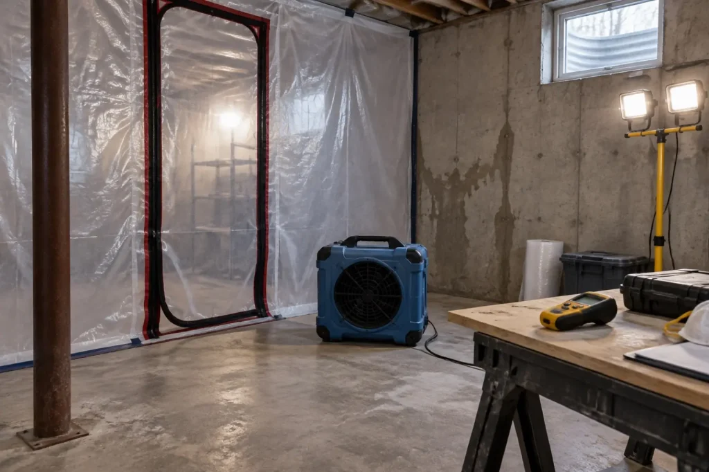 Illustration: a basement set up for remediation work, with containment and an air scrubber
