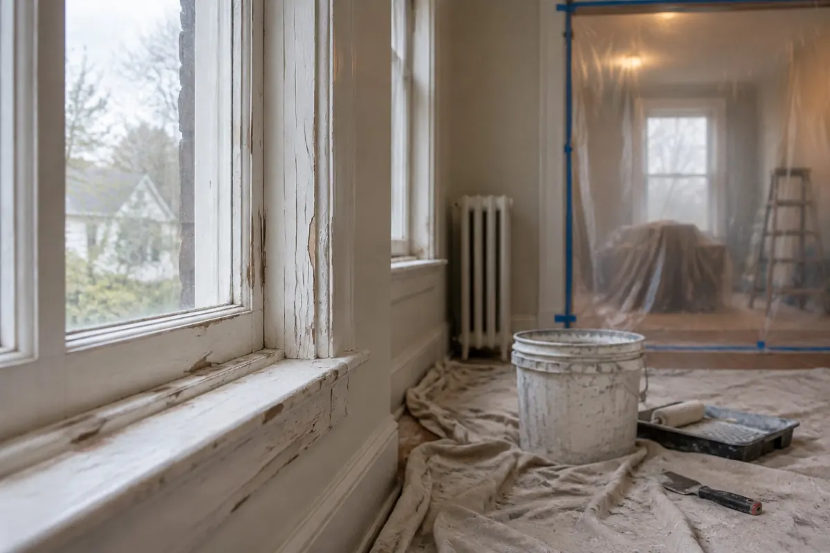 Illustration: an older window frame prepared for lead work, where the legal word is abatement