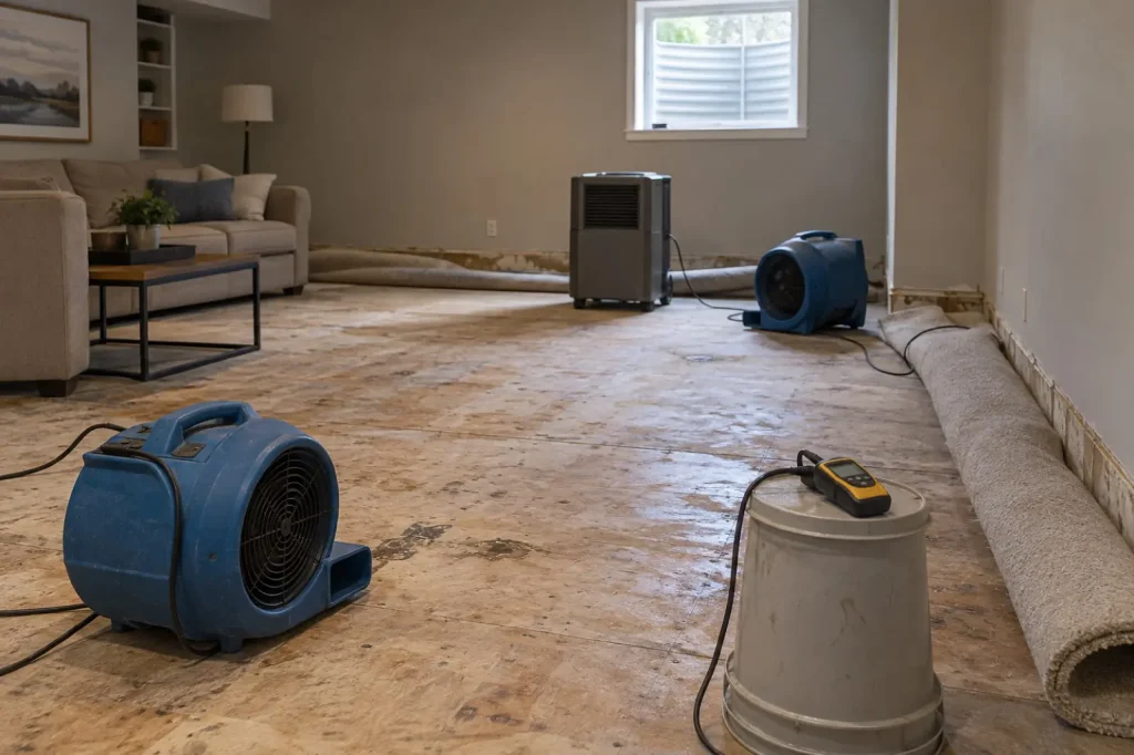 Illustration: basement room during water mitigation with carpet pulled back, air movers and a dehumidifier drying the bare subfloor.