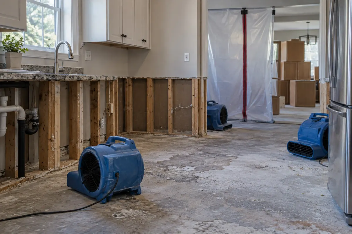Illustration: kitchen wall with a flood cut, exposed studs and drying equipment aimed into the cavity behind plastic containment.