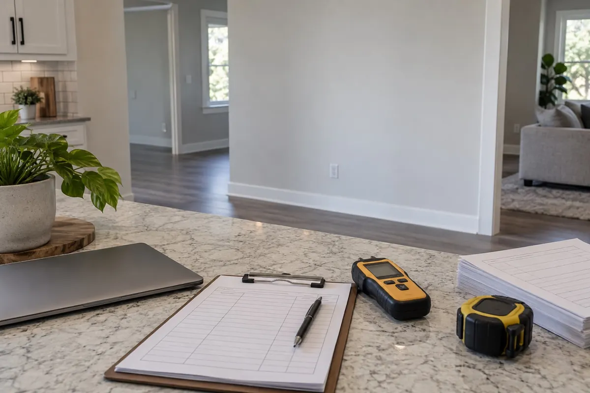 Illustration: paperwork and a moisture meter on a counter after drying, with the repaired and painted wall behind.