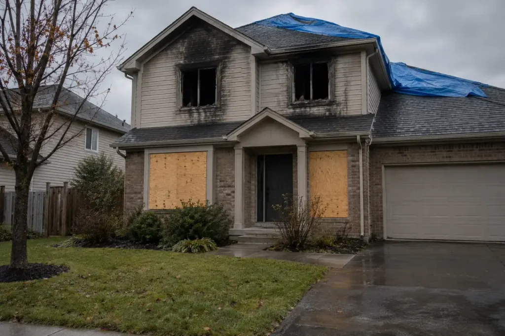 Illustration: a fire-damaged house boarded up and tarped the day after the fire