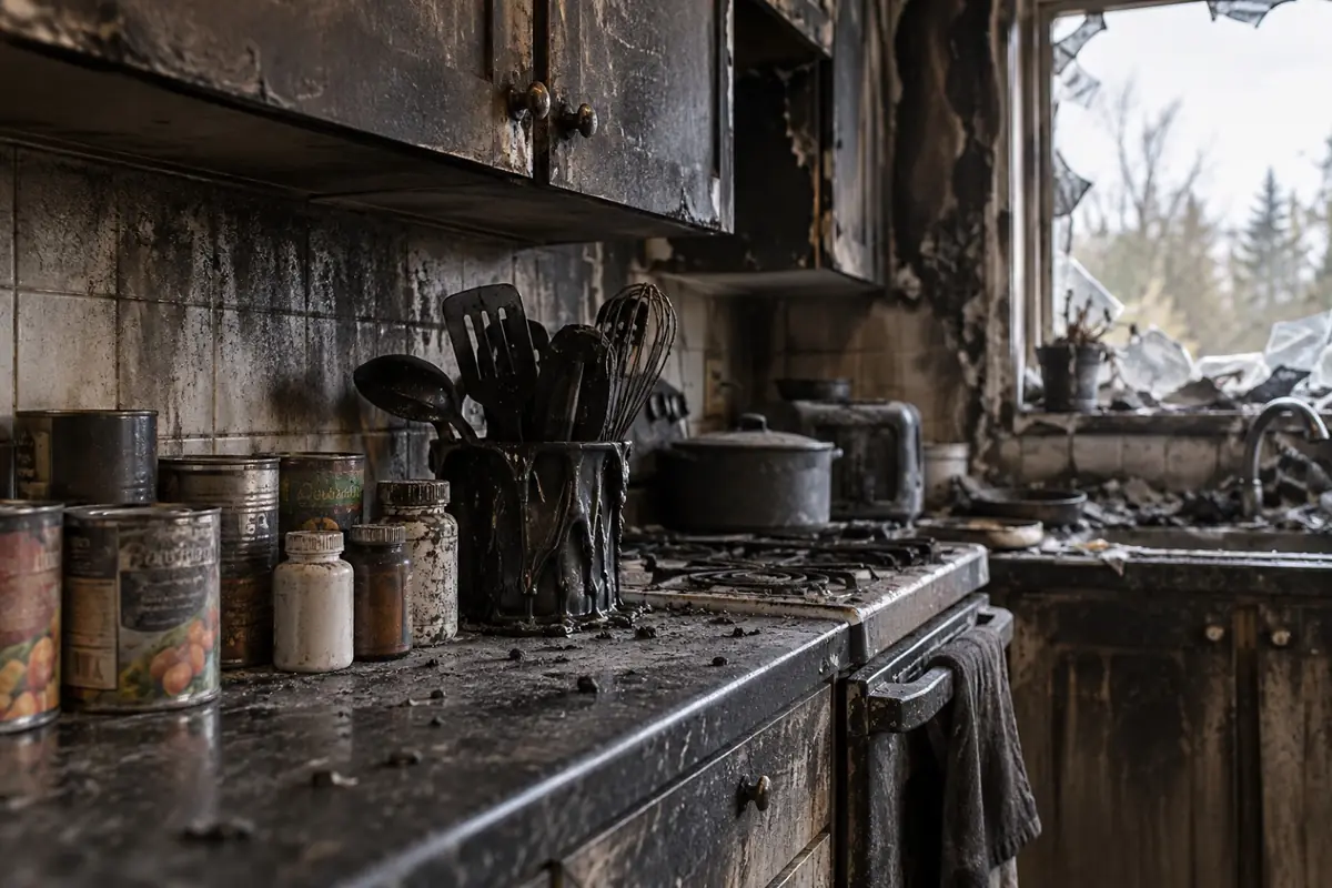 Illustration: food and medicine coated in soot on a fire-damaged kitchen counter