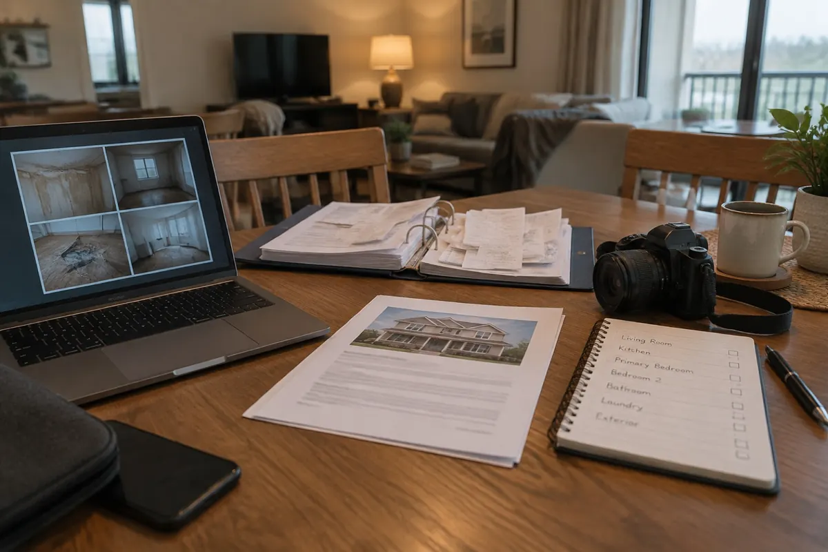 Illustration: the paperwork of a fire claim laid out on a table in temporary housing