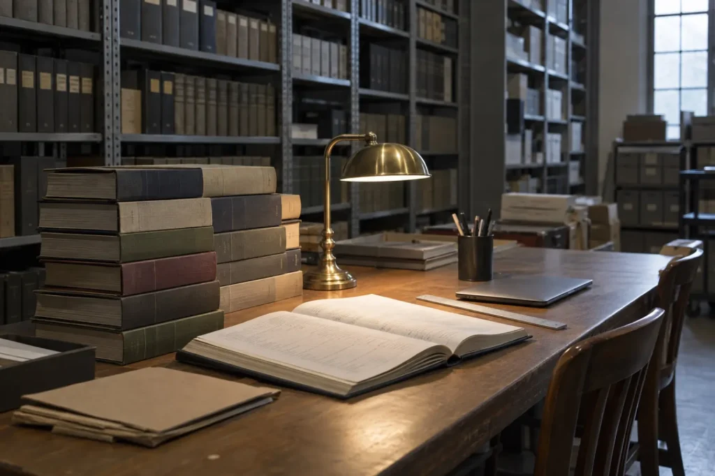 Illustration: an archive table stacked with bound regulatory volumes under a desk lamp
