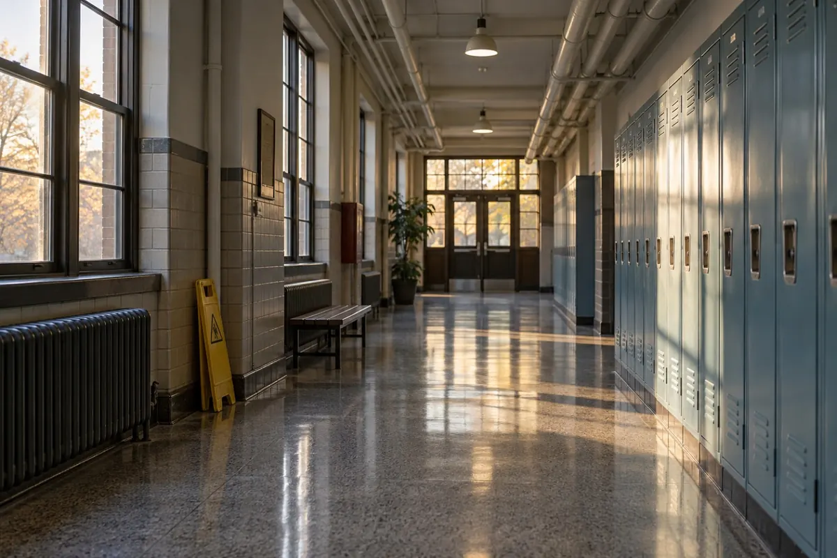 Illustration: a mid-century school corridor with overhead pipes, the kind of building AHERA was written for