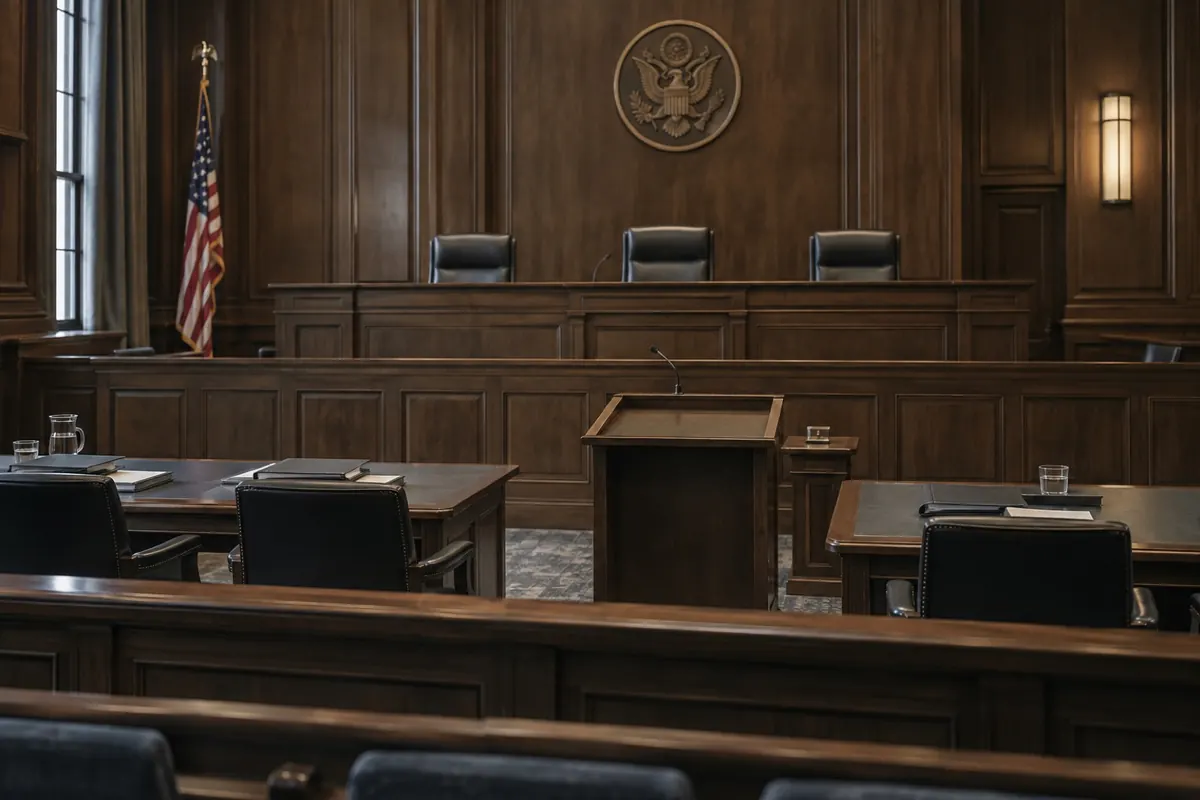 Illustration: an empty appellate courtroom with three chairs on the bench