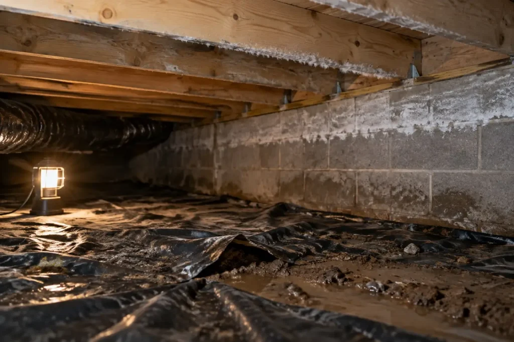 Illustration: a damp crawl space with pale growth on floor joists, not a reference image for identifying mold