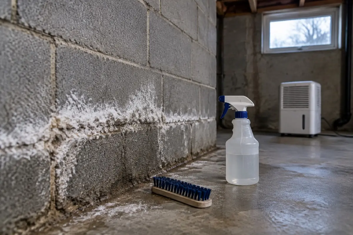 Illustration: a block basement wall with a white deposit and the water and brush used for the mist test