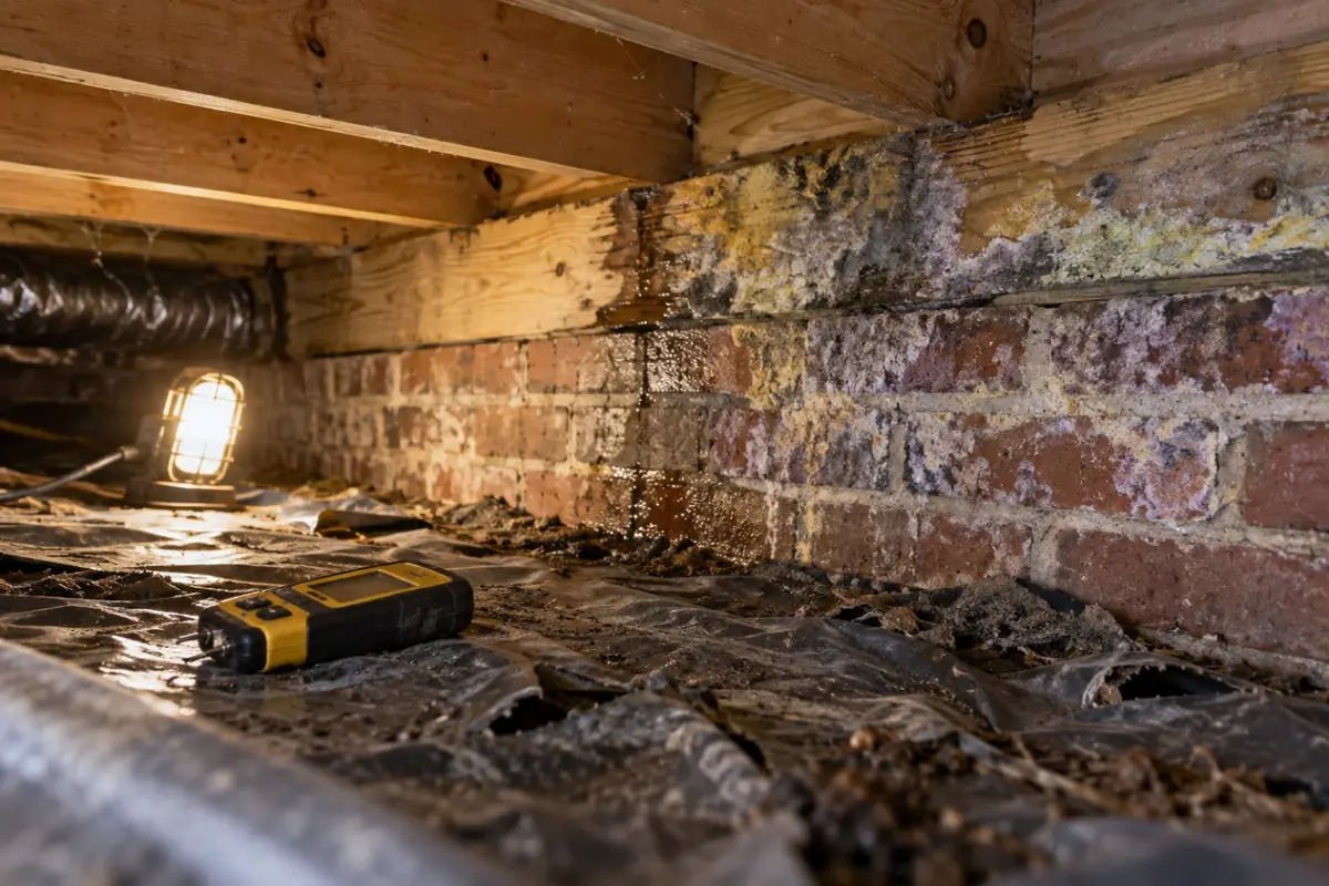 Illustration: pale growth with yellow tinges spreading from a sill plate onto brick in a crawl space, not a reference image
