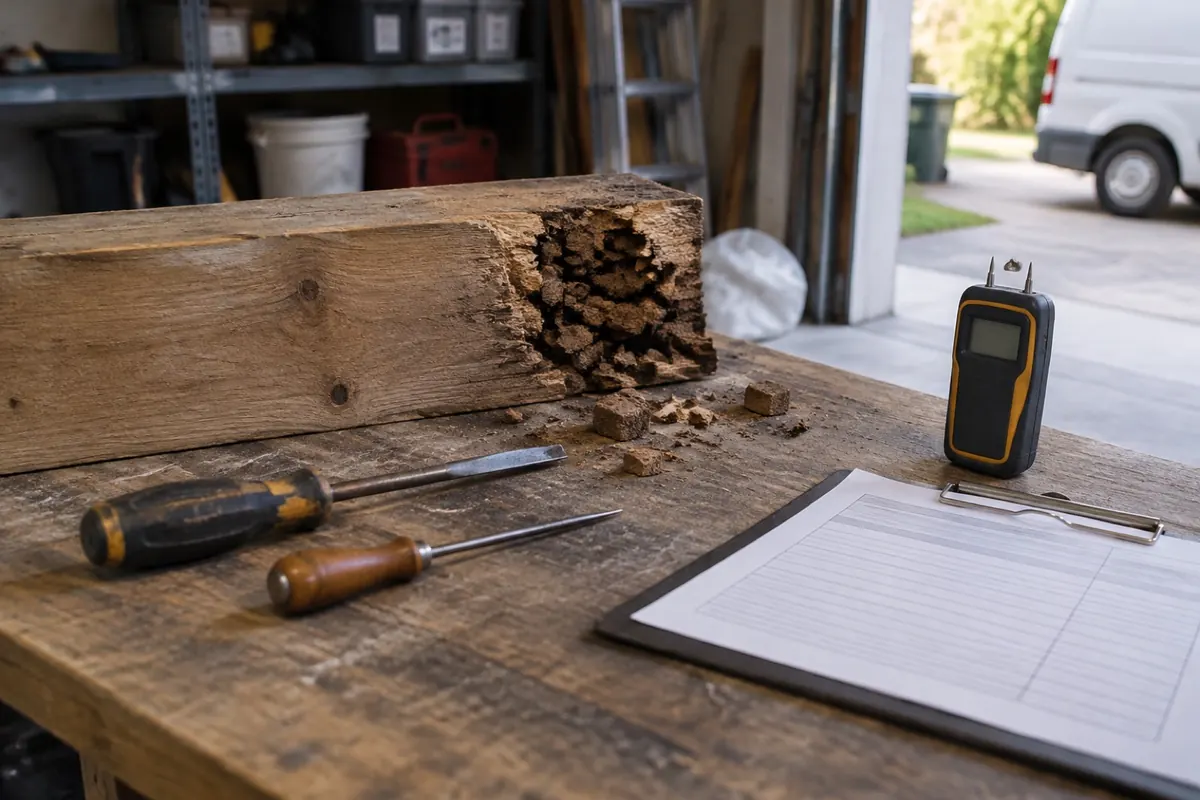Illustration: a decayed joist section with probing tools on a workbench, not a reference image