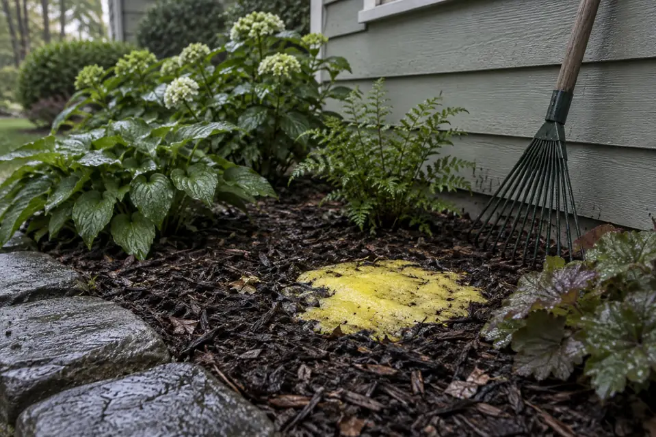 Illustration: a yellow foamy patch on garden mulch beside a house, not a reference image for identifying any organism